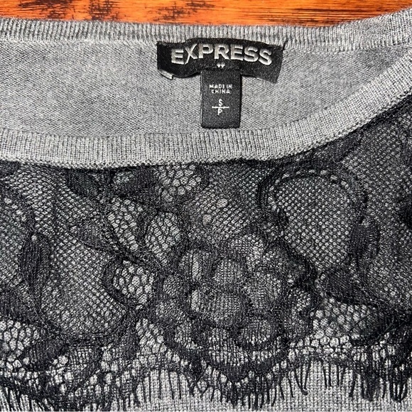 Express 3/4 Sleeve Gray Sweater Bandau Neck with Black Lace Detail, Size Small - Picture 3 of 3
